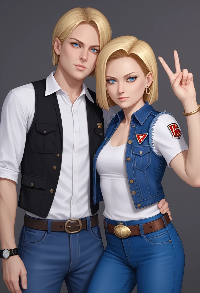 8k, real image, intricate details, ultra detailed,(photorealistic), Y18, 1 girl, Android 18, by rubio, Blue eyes, belt, Cowboys, perla_collar, bracelet, black gloves, White shirt, short hair, short sleeves, earrings, blue pants, open vest, black vest, peace, sign