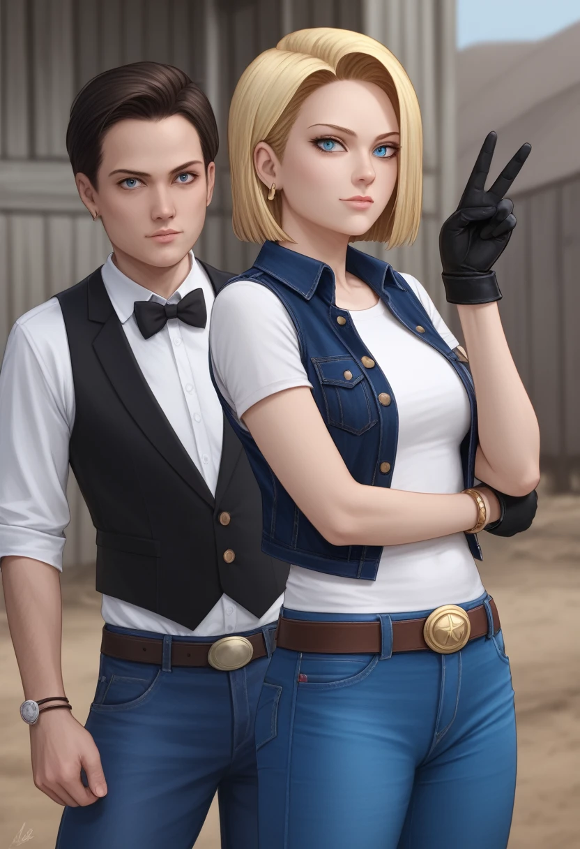 8k, real image, intricate details, ultra detailed,(photorealistic), Y18, 1 girl, Android 18, by rubio, Blue eyes, belt, Cowboys, perla_collar, bracelet, black gloves, White shirt, short hair, short sleeves, earrings, blue pants, open vest, black vest, peace, sign