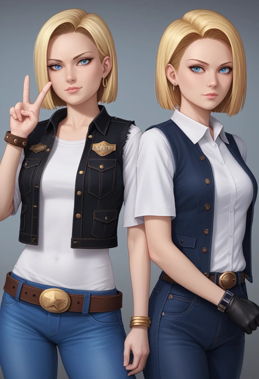 8k, real image, intricate details, ultra detailed,(photorealistic), Y18, 1 girl, Android 18, by rubio, Blue eyes, belt, Cowboys, perla_collar, bracelet, black gloves, White shirt, short hair, short sleeves, earrings, blue pants, open vest, black vest, peace, sign