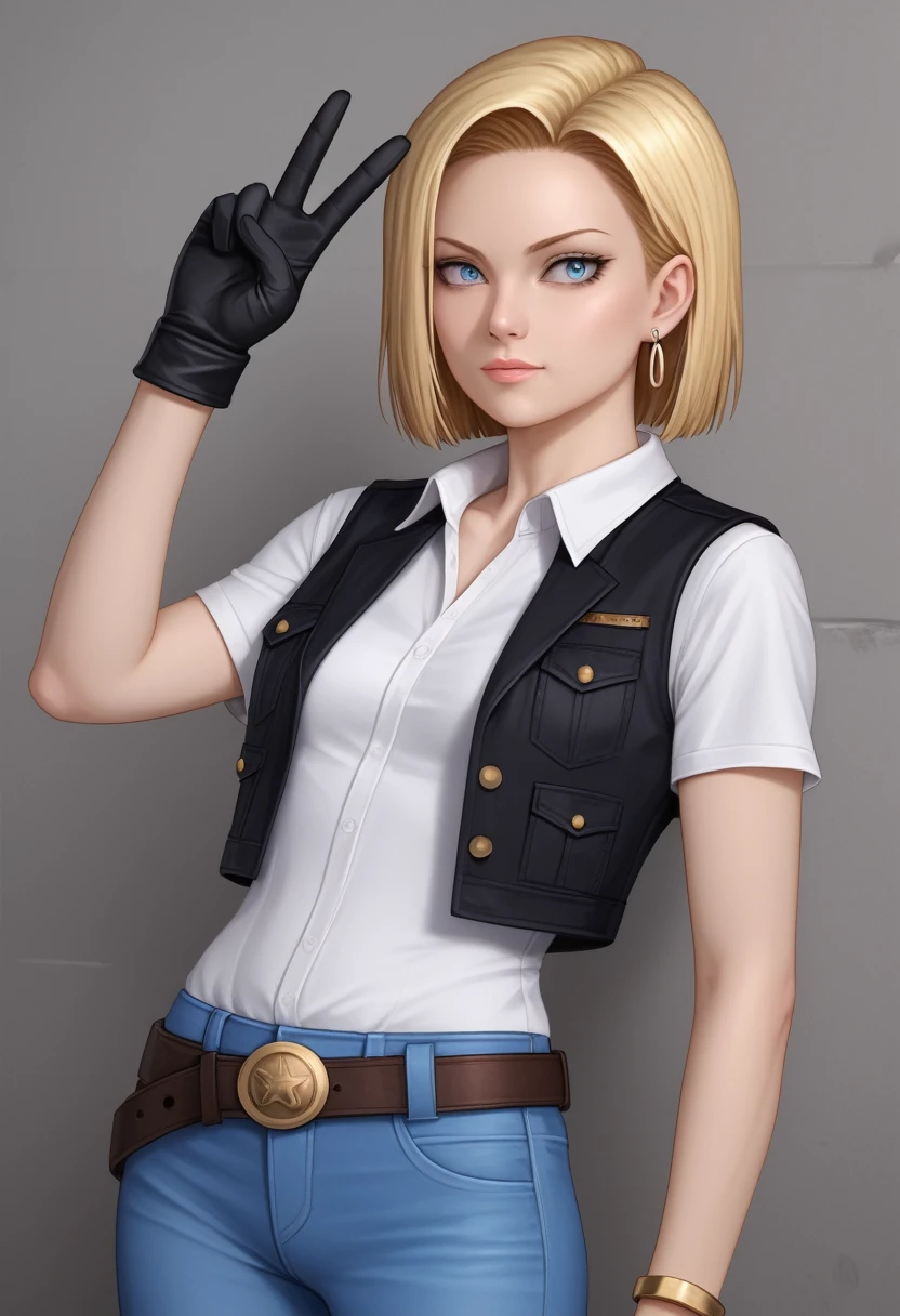 8k, real image, intricate details, ultra detailed,(photorealistic), Y18, 1 girl, Android 18, by rubio, Blue eyes, belt, Cowboys, perla_collar, bracelet, black gloves, White shirt, short hair, short sleeves, earrings, blue pants, open vest, black vest, peace, sign