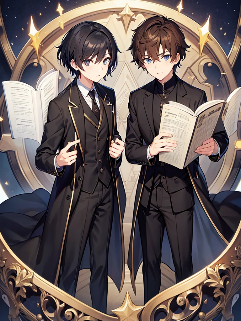 Wizard coat, Black Suit, trouser ,spell book, short hair, brown hair, male