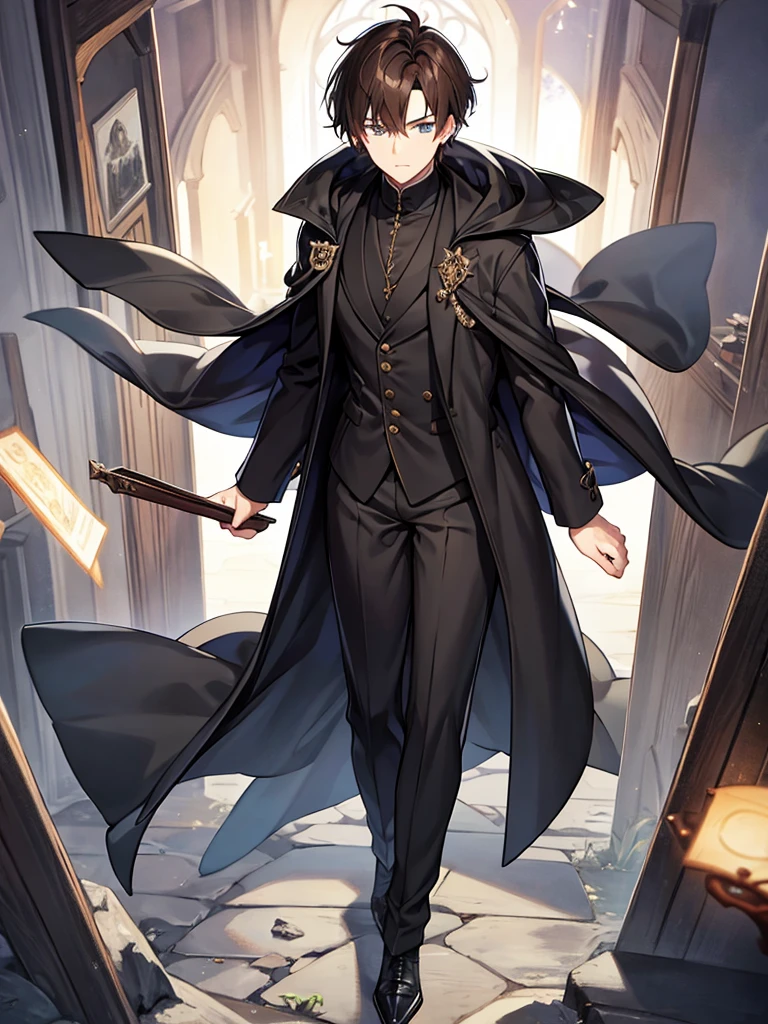 Wizard coat, Black Suit, trouser ,spell book, short hair, brown hair, male