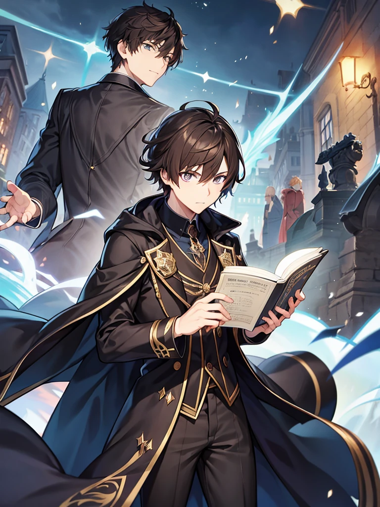 Wizard coat, Black Suit, trouser ,spell book, short hair, brown hair, male 