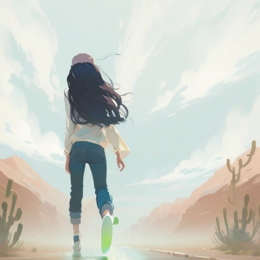 painting of a woman walking in the desert with a skateboard, blurred and dreamy illustration, blurry and dreamy illustration, she is walking on a river, speedpaint, soft digital painting, anime girl walking on water, speedpainting, inspired by Goro Fujita, low detailed. digital painting, speed painting, desolate. digital illustration, a digital painting, digtial painting