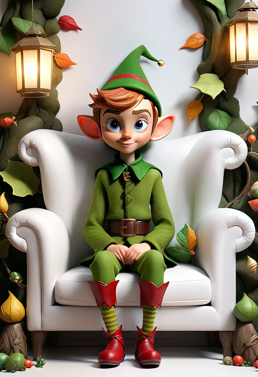 Create 3d image of boy sit on white sofa set , and background is made up of elf things. Leaves and lanterns on wall