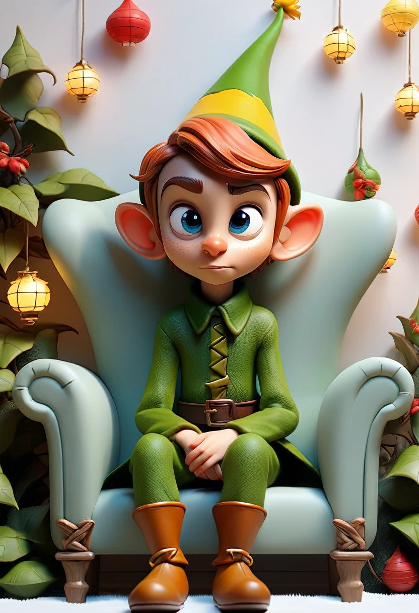 Create 3d image of boy sit on white sofa set , and background is made up of elf things. Leaves and lanterns on wall