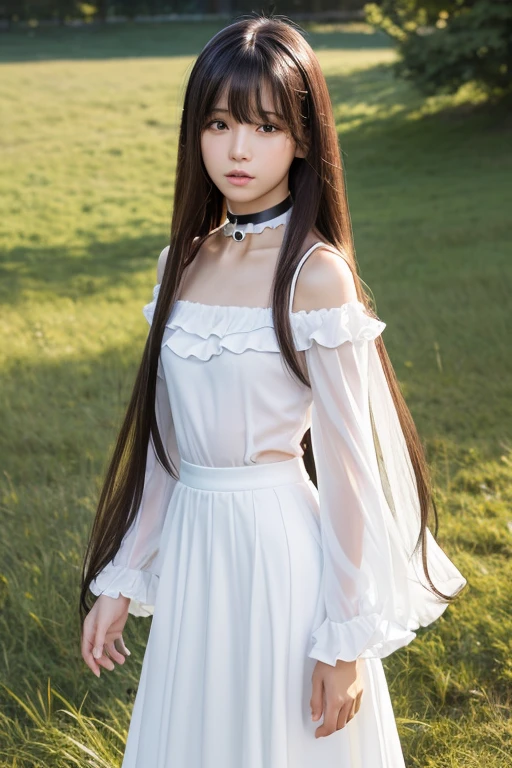 (Highest quality), (masterpiece:1.2), (Realistic, photo-Realistic:1.2), (8k wallpaper), (Highly detailed face and skin texture), (Cinema Lighting), (Depth of written boundary), (Full body shot from the side), (Standing in a strong wind:1.1), (With arms outstretched), (Ridiculously long hair:1.8), ( , 1 Japanese Idol), (Whitening skin), (double eyelid), (Straight Hair:1.5), (Black Hair), (Shiny bangs), (slim:1.2), (Flat Bust:1.2), (White long sleeve tunic blouse), (White frilly long skirt), (choker)