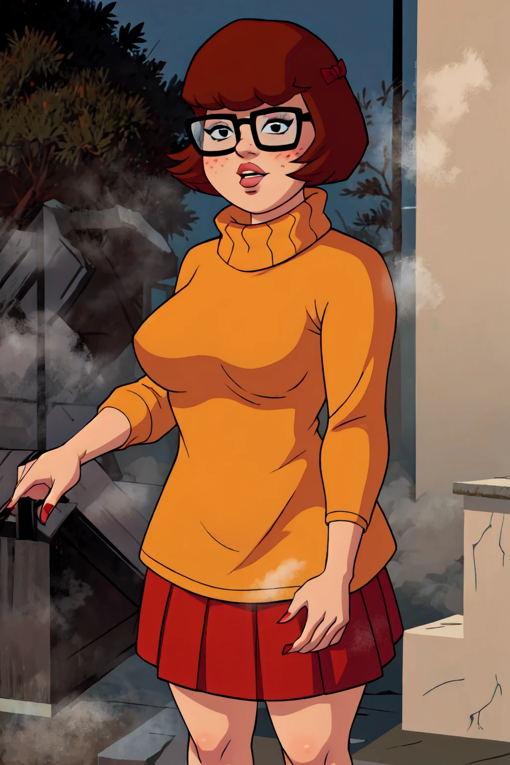 1girl, Velma from scooby-doo, solo, fat (fat body), brown hair, black eyes, square glasses, orange turtleneck blouse and red skirt,  eyeliner, looking at viewer, lips, black bob cut, blunt bangs, blush, standing, upper body, face focus, outdoors, horror \(theme\), night, fog egirlmakeup, 