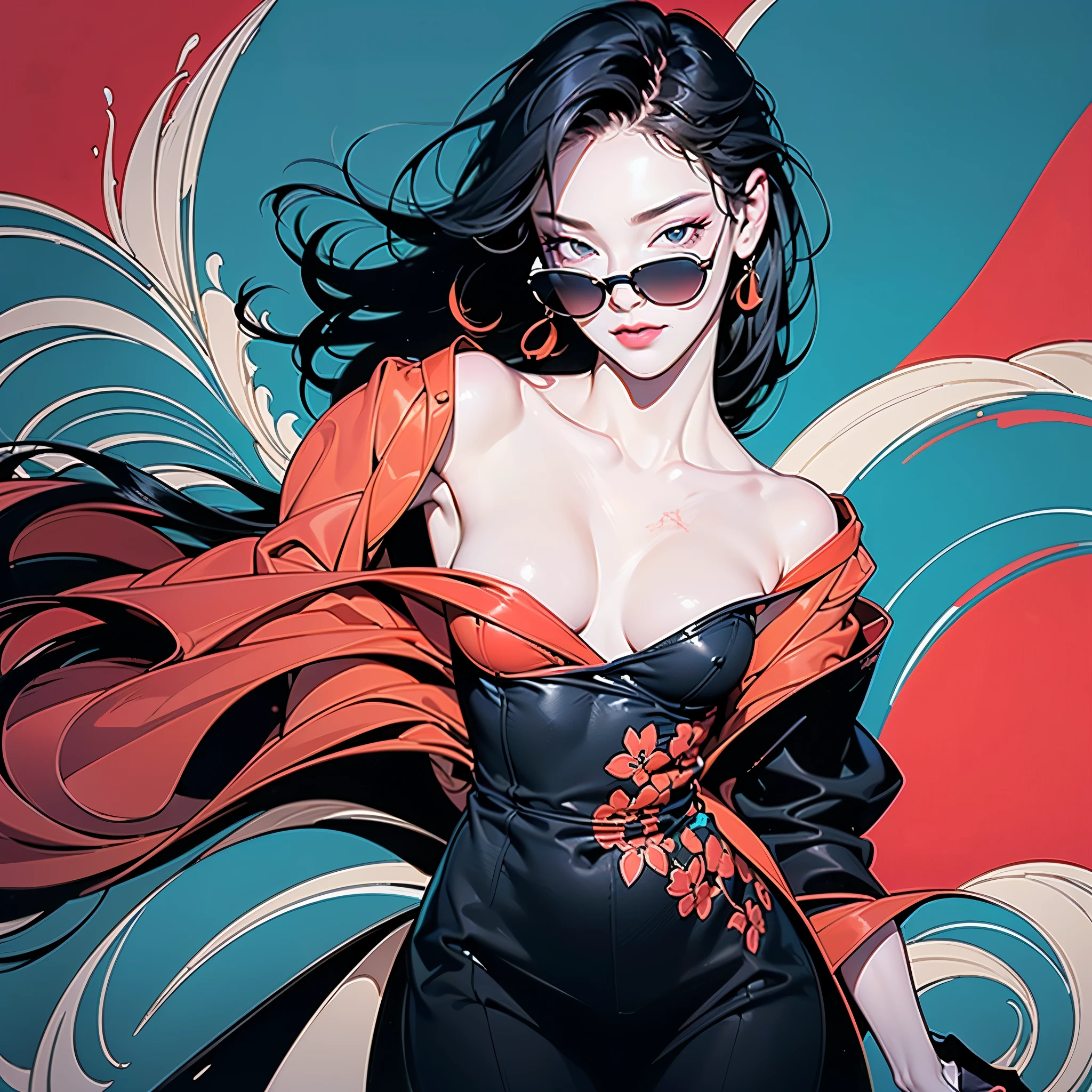 woman in a dress standing in front of simple background, up close, ((Art style by Patrick Nagel)), ((8k, wallpaper, detailed)), dark sunglasses, korean pop-star, black hair, pretty hands, fringe, simple red background, palm trees, (graffiti wall:1.2), strong, courageous, art by Patrick Nagel, album art cover