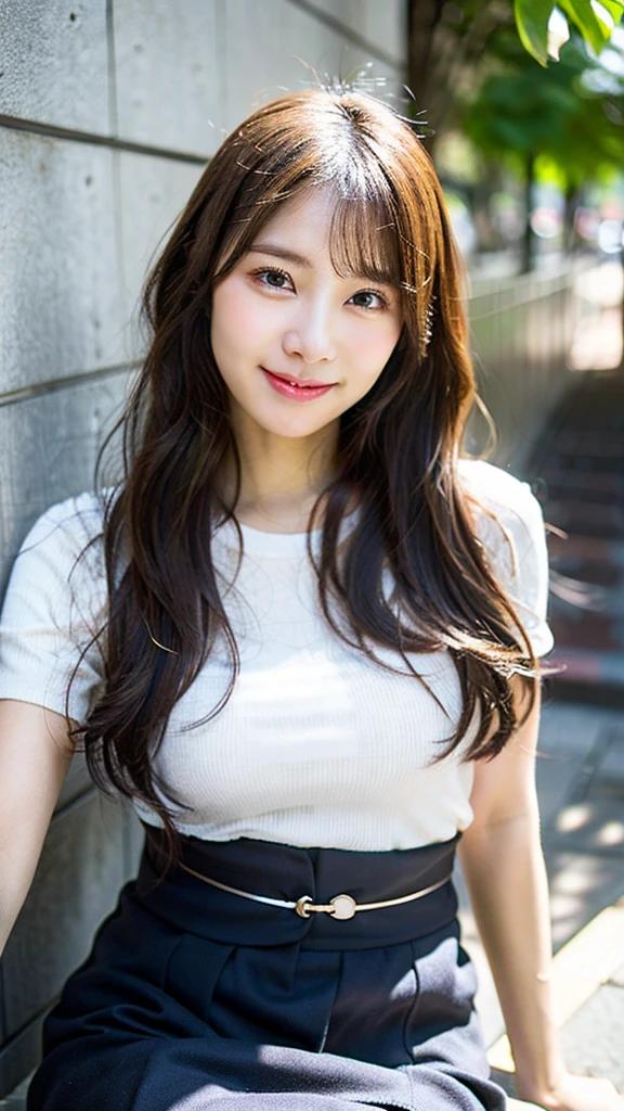 (Highest quality, 8K, 32k, masterpiece, Ultra-high resolution: 1.2), 1 Girl, Beautiful Japanese Woman, Narrow waist, (Lovely Face),, ((Neat and clean clothes), Natural clothes, 、color々With a wide variety of clothes、淡いcolorのブラウス, (Mimore length skirt), Elegance Casual), Age 25, Cinematic Light, (Biting pose: 1.2), (Smile at someone you like),Concrete wall、Silky Hair、Long Hair、constricted hair、Loose and fluffy hair
