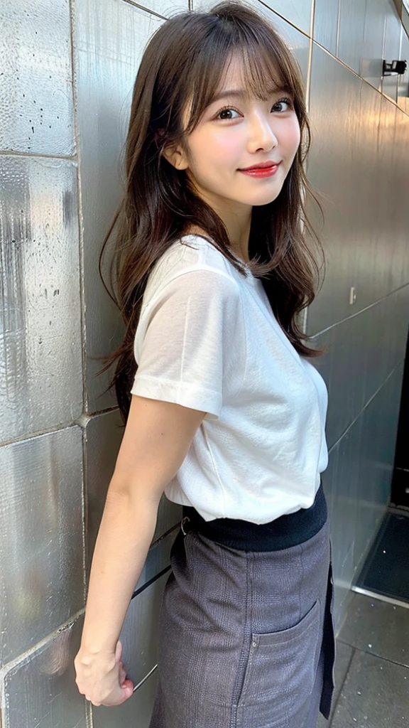 (Highest quality, 8K, 32k, masterpiece, Ultra-high resolution: 1.2), 1 Girl, Beautiful Japanese Woman, Narrow waist, (Lovely Face),, ((Neat and clean clothes), Natural clothes, 、color々With a wide variety of clothes、淡いcolorのブラウス, (Mimore length skirt), Elegance Casual), Age 25, Cinematic Light, (Biting pose: 1.2), (Smile at someone you like),Concrete wall、Silky Hair、Long Hair、constricted hair、Loose and fluffy hair