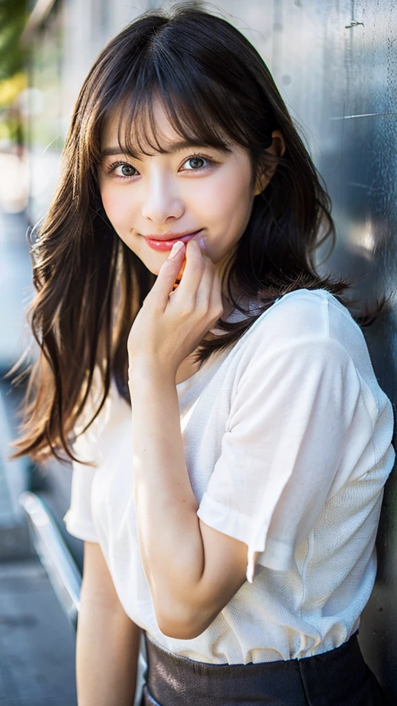 (Highest quality, 8K, 32k, masterpiece, Ultra-high resolution: 1.2), 1 Girl, Beautiful Japanese Woman, Narrow waist, (Lovely Face),, ((Neat and clean clothes), Natural clothes, 、color々With a wide variety of clothes、淡いcolorのブラウス, (Mimore length skirt), Elegance Casual), Age 25, Cinematic Light, (Biting pose: 1.2), (Smile at someone you like),Concrete wall、Silky Hair、Long Hair、constricted hair、Loose and fluffy hair