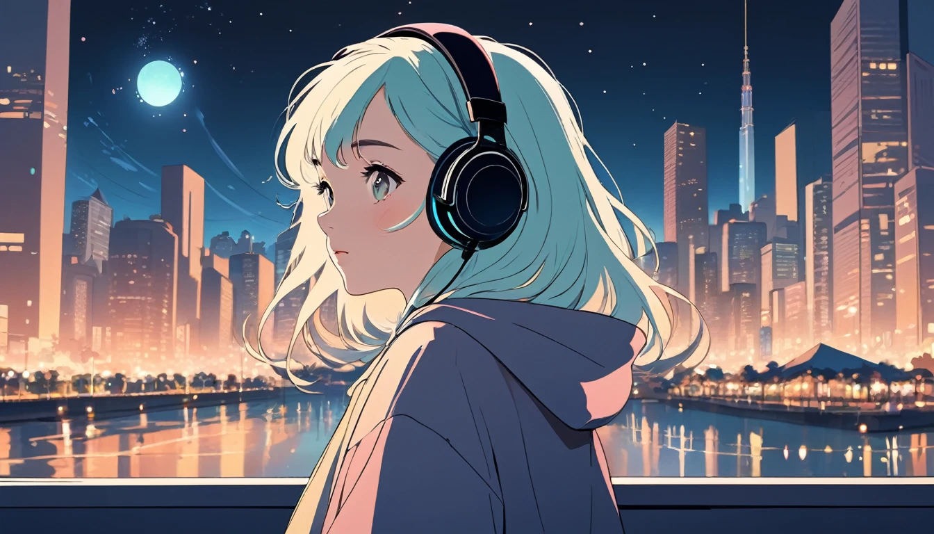 Girl wearing headphones and looking left,City of night, Wide-angle lens, Lofi Anime, Lofi illustration, Aesthetic atmosphere, Lo-Fi Style, Vector art, Flat Design, Simple shape, Warm tones, Pleasant atmosphere, Chill, In anime style, Digital drawing, Vector art, Vector logo for t-shirt printing, (Adorable:1.5), (small:1.4), (Playful:1.2), (soft:1.3), (Whimsical:1.1), masterpiece, Highest quality, 8K, Intricate details, grow, Celestial, Mysterious, Picturesque, amazing, Majestic, Magic, Fantasy art, Cover art, dream-like
