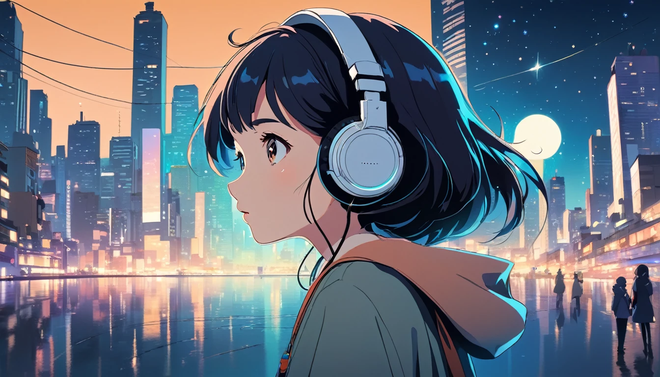 Girl wearing headphones and looking left,City of night, Wide-angle lens, Lofi Anime, Lofi illustration, Aesthetic atmosphere, Lo-Fi Style, Vector art, Flat Design, Simple shape, Warm tones, Pleasant atmosphere, Chill, In anime style, Digital drawing, Vector art, Vector logo for t-shirt printing, (Adorable:1.5), (small:1.4), (Playful:1.2), (soft:1.3), (Whimsical:1.1), masterpiece, Highest quality, 8K, Intricate details, grow, Celestial, Mysterious, Picturesque, amazing, Majestic, Magic, Fantasy art, Cover art, dream-like