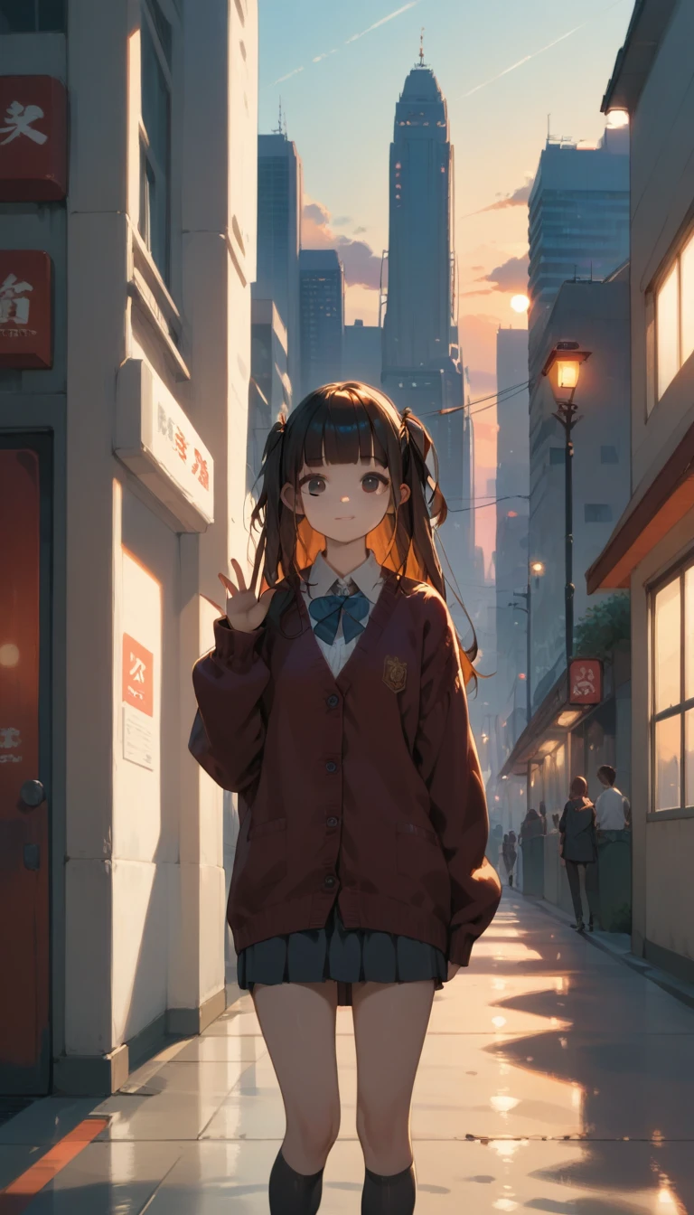 One Girl, (Sunset sky), Standing and waving, School Area, Cityscape, scenery, School Cardigan, (Sleeves are longer than the wrist), Powerful loafers, Black ash two side up hair, Blunt bangs, Beautiful dark eyes, Black knee socks, Cinema Lighting, Upper Body, :3,