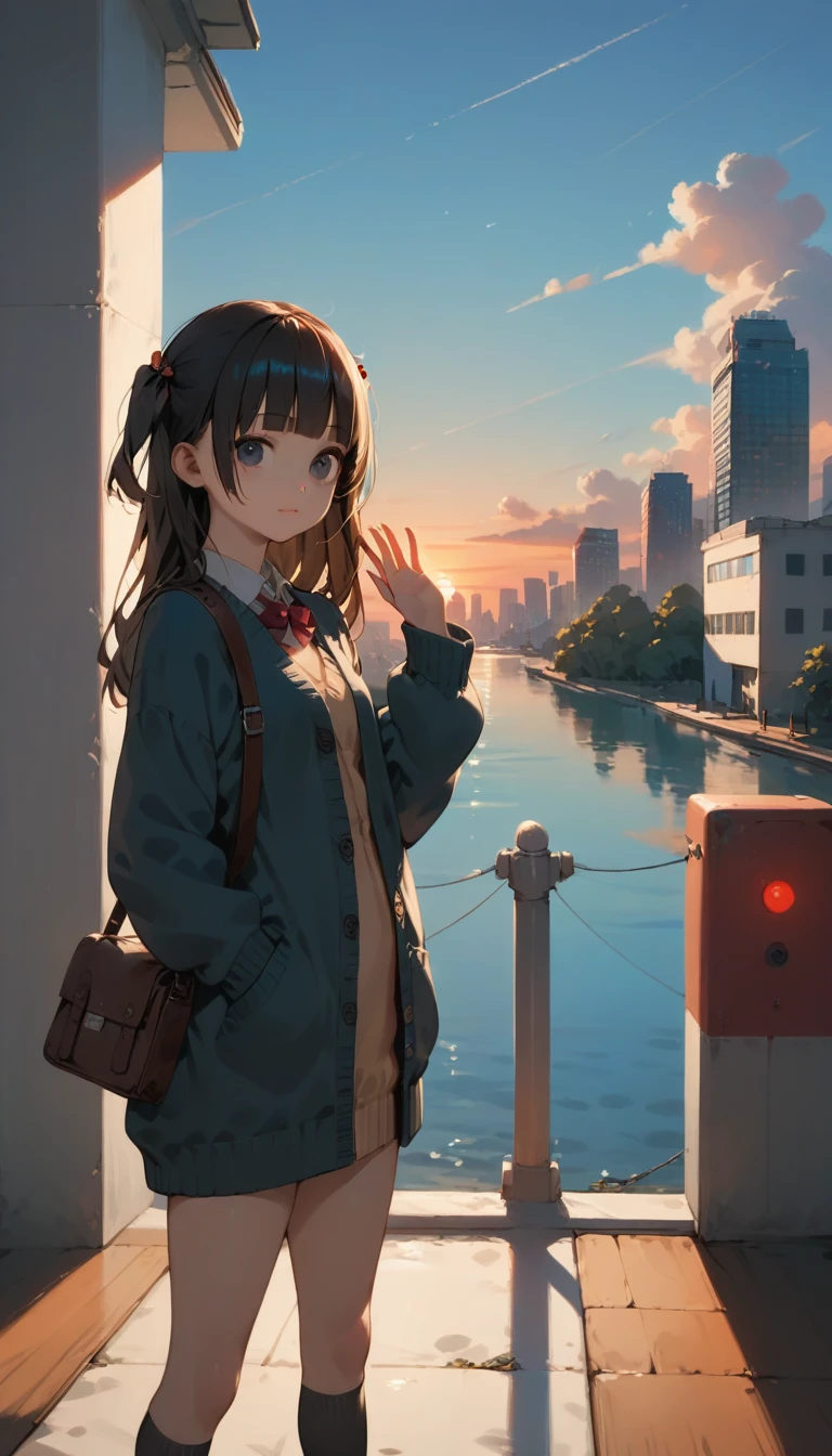 One Girl, (Sunset sky), Standing and waving, School Area, Cityscape, scenery, School Cardigan, (Sleeves are longer than the wrist), Powerful loafers, Black ash two side up hair, Blunt bangs, Beautiful dark eyes, Black knee socks, Cinema Lighting, Upper Body, :3,