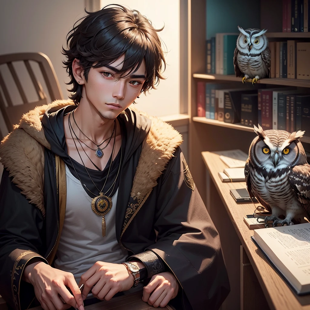 can you generate an image of guy wearing a  attire with an owl in his shoulder then make him black and put a necklace with name Haru then put his background in library