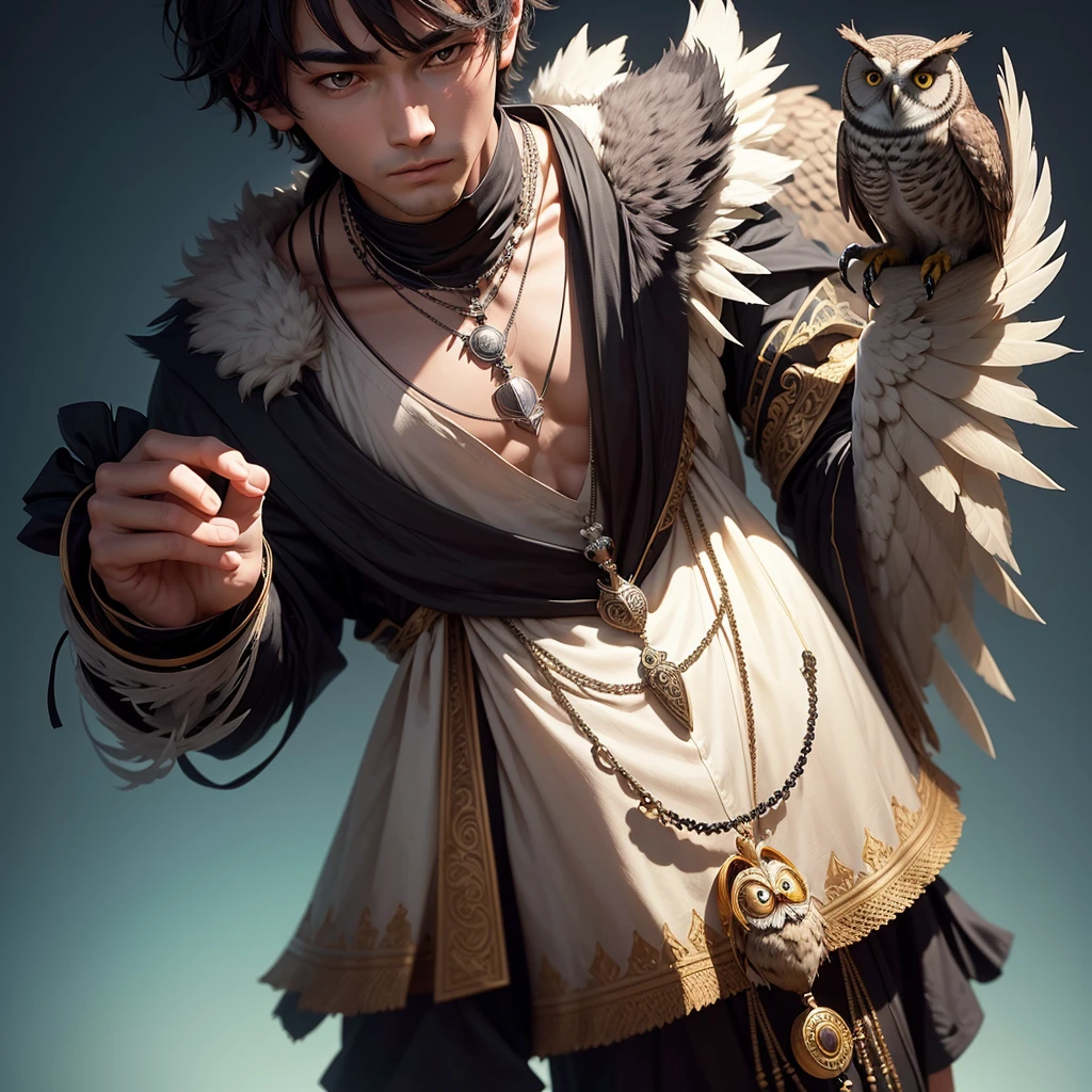 can you generate an image of guy wearing a  attire with an owl in his shoulder then make him black and put a necklace with name Haru then put his background in library
