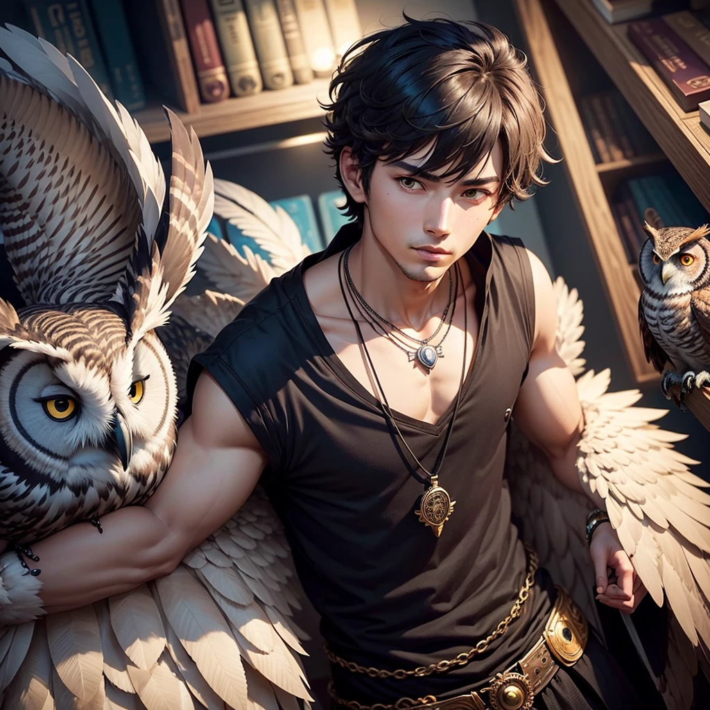 can you generate an image of guy wearing a  attire with an owl in his shoulder then make him black and put a necklace with name Haru then put his background in library
