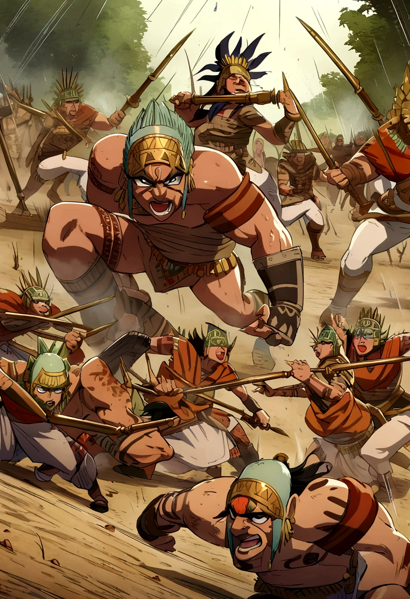 manga, toons, anime: Clash between the AZTEC ARMY AND THE MAYAN ARMY, FIERCE BATTLE, HD, rain of spears, lots of action

