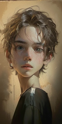 arafed drawing of a young boy with a black shirt, closeup character portrait, character portrait closeup, inspired by Helene Schjerfbeck, close up character, stylized portrait, painted character portrait, inspired by Eddie Campbell, character concept portrait of me, portrait of a small character, a portrait of the character, character art closeup, a character portrait