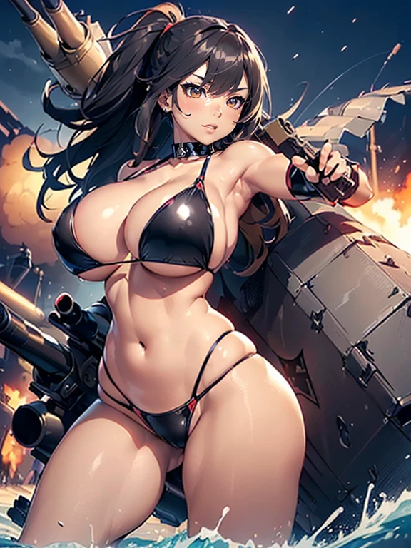 ((1 lady))、ultra-detailliert, Top image quality, digitial illustration, Seductive Anime Girl, Glossy realistic skin texture、Meticulously drawn hair, Meticulously drawn eye, Sharp Focus, Precise human body structure、Smooth texture、back view、((Combative posing:1.5))、((Holding a big Heavy artillery:1.6))、((bazooka and gatling gun and rocket launcher))、((dynamism:1.3))、((dynamic angle:1.2))、((Being in battle field:1.2))、seductive smile、((latex micro bikini:1.3 crop top:1.3))、((sleeveless))、((cleavage:1.3))、((crop top navel))、((highleg:1.3))、((huge breasts:1.3))、((huge hip:1.3))、((thick thighs))、curvy、((collarbone))、((cameltoe))