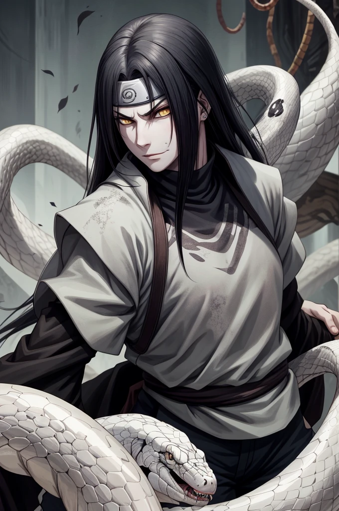 {-erro_de_anatomia:1.0} estilo anime, Masterpiece, absurdities, Orochimaru\(Naruto\), 1girl Solo, Mature woman, Oversized shirt with broad shoulders, Perfect composition, Detailed lips, large breasts, Beautiful face, body proportion, Blush, Long black hair, ( black hair), yellow eyes, Soft gauze, Super realistic, Detailed, photo shoot, Realistic faces and bodies, masterpiece, best quality, best ( white snake) illustration, hyper detailed, 1 girl, solo, glamorous, blushing, whole body, angry face, on attack