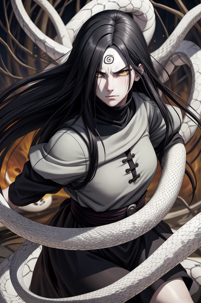 {-erro_de_anatomia:1.0} estilo anime, Masterpiece, absurdities, Orochimaru\(Naruto\), 1girl Solo, Mature woman, Oversized shirt with broad shoulders, Perfect composition, Detailed lips, large breasts, Beautiful face, body proportion, Blush, Long black hair, ( black hair), yellow eyes, Soft gauze, Super realistic, Detailed, photo shoot, Realistic faces and bodies, masterpiece, best quality, best ( white snake) illustration, hyper detailed, 1 girl, solo, glamorous, blushing, whole body, angry face, on attack