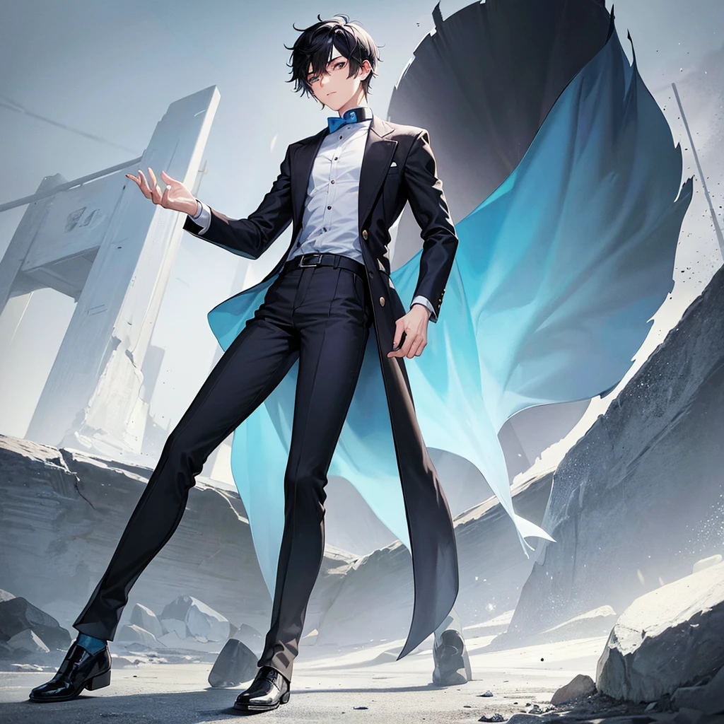 boy man with black hair and eyes outlined in dark and light blue, very beautiful full body