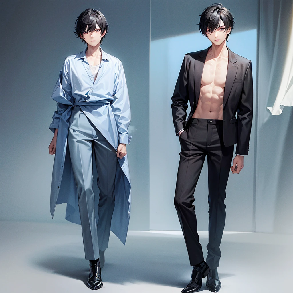 boy man with black hair and eyes outlined in dark and light blue, very beautiful full body
