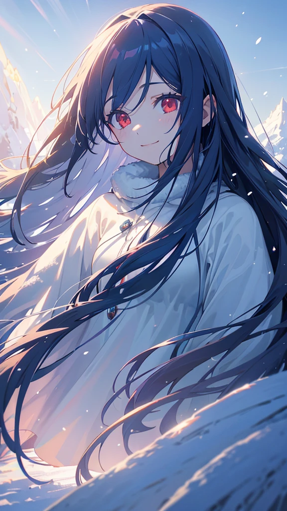 a beautiful girl with ((long deep blue hair,)) smiling and looking into the distance, red eyes, snowy landscape, pale blue snow, snow reflecting sunlight, rays of light, glare, high quality, highly detailed, masterpiece, anime style