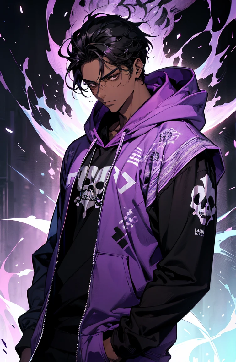 male with bones, looking away from camera, skulls, bones, handsome, black, dark skin, tall, broad shoulders, black hair, purple, purple fire, magic, detailed face, fantasy, hoodie