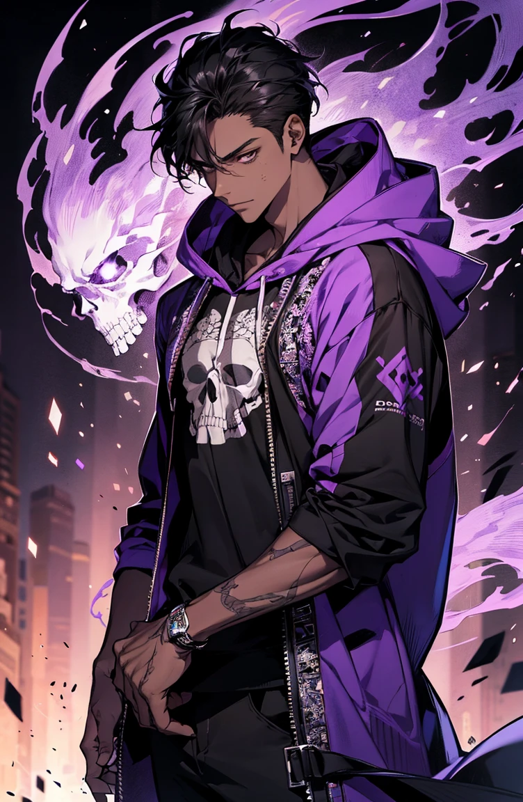 male with bones, looking away from camera, skulls, bones, handsome, black, dark skin, tall, broad shoulders, black hair, purple, purple fire, magic, detailed face, fantasy, hoodie