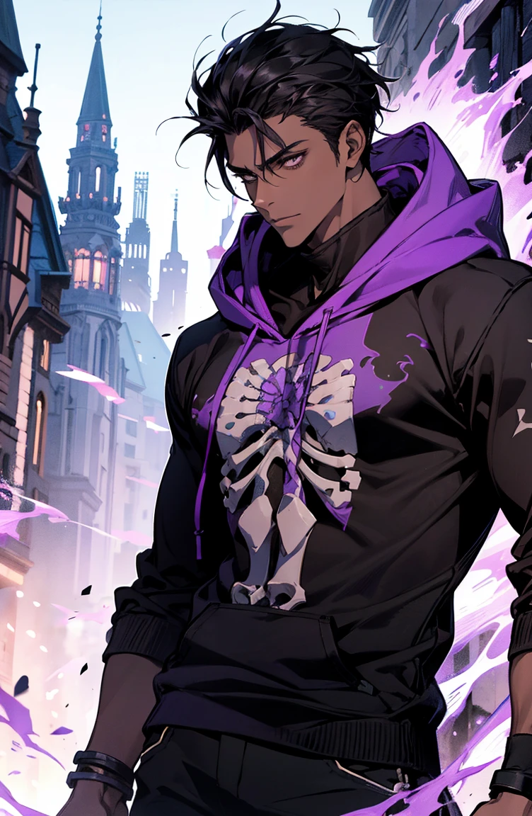 male with bones, looking away from camera, skulls, bones, handsome, black, dark skin, tall, broad shoulders, black hair, purple, purple fire, magic, detailed face, fantasy, hoodie