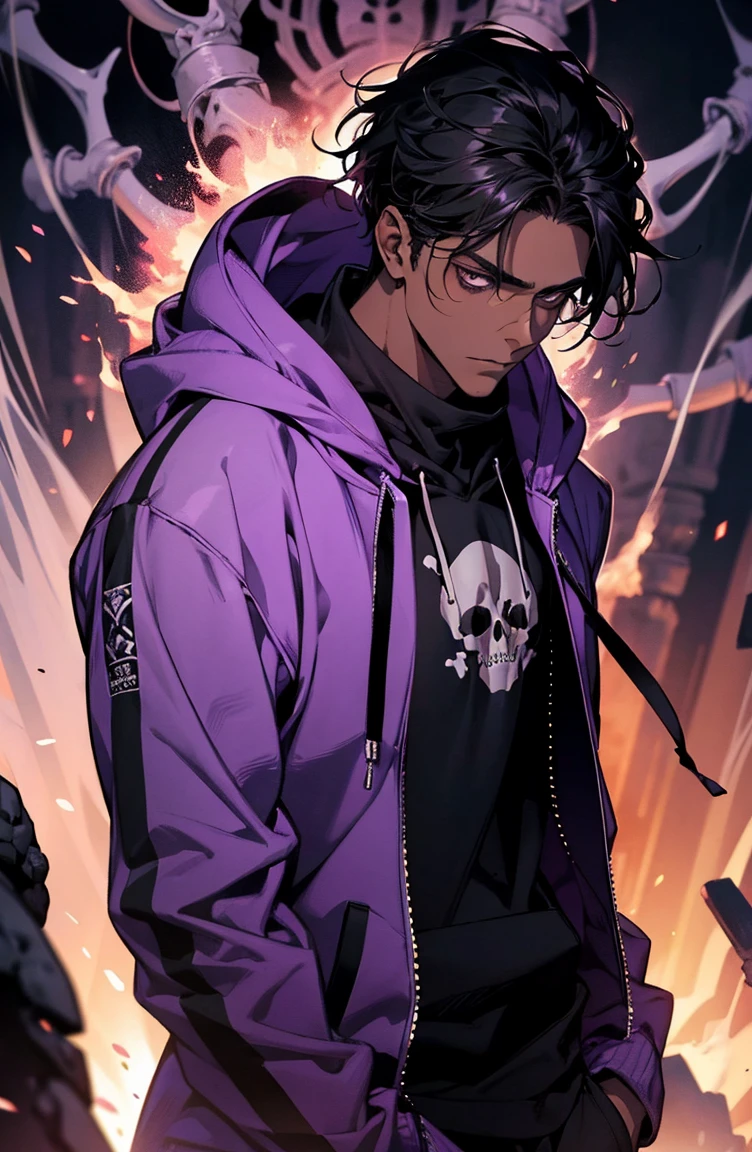 male with bones, looking away from camera, skulls, bones, handsome, black, dark skin, tall, broad shoulders, black hair, purple, purple fire, magic, detailed face, fantasy, hoodie
