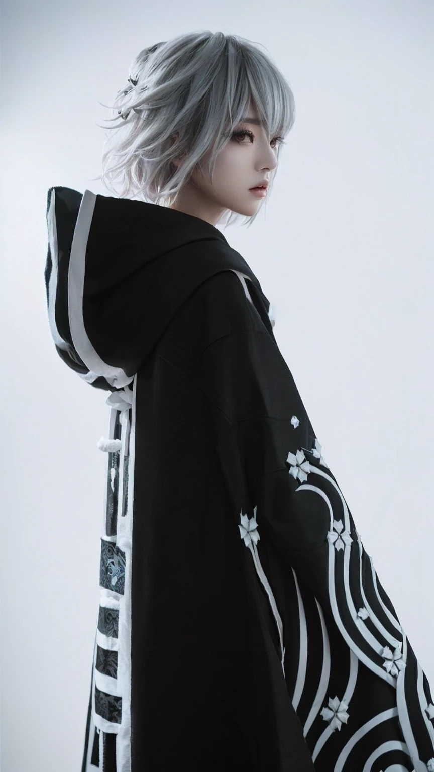 Arafed image of a man in a black and white robe., cai xukun, wearing a hooded science fiction cape, Nagito komaeda, portrait of a woman as real, cyberpunk anime girl with hoodie, cotton cloud wizard robes, nier inspired, inspired by Yamagata Hiro, cosplay anime, kimono, embellished cyberpunk robes, highly detailed photography layer, tokyo revengers, shadow, manjiro, cara de jennie de blackpink, blackpinkgirl, very cute.