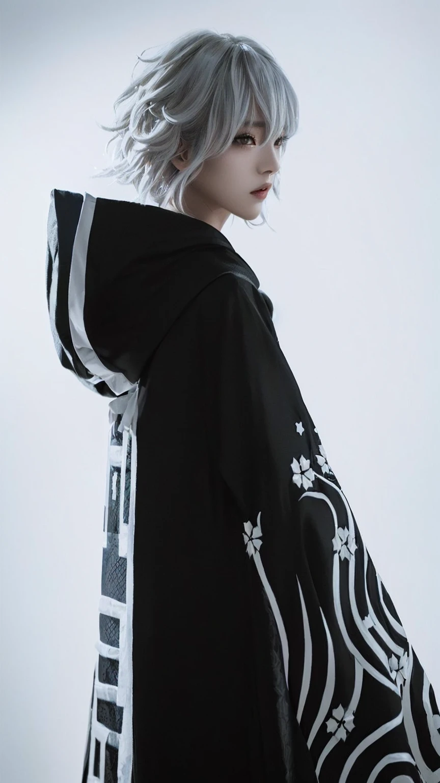 Arafed image of a man in a black and white robe., cai xukun, wearing a hooded science fiction cape, Nagito komaeda, portrait of a woman as real, cyberpunk anime girl with hoodie, cotton cloud wizard robes, nier inspired, inspired by Yamagata Hiro, cosplay anime, kimono, embellished cyberpunk robes, highly detailed photography layer, tokyo revengers, shadow, manjiro, cara de jennie de blackpink, blackpinkgirl, very cute.