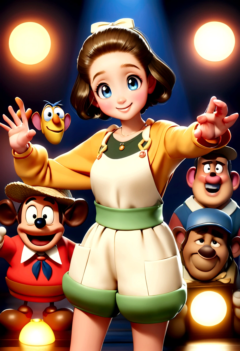 Image de style pixar avec personnage 3D lunettes blanches femme brune cheveux courts bouclés dansant, Maquillage Disney,Fisherman, Mignon, souriant ,toe, pixar, Disney, cinema lighting,