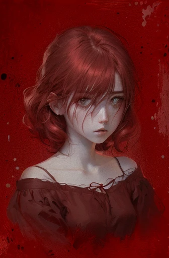 painting of a woman with red hair and a red dress, grayscale phtoto with red dress, red haired girl, inspired by Ayako Rokkaku, tired and haunted expression, portrait of a small character, an expressive digital painting, ((red)) baggy eyes, halfbody portrait, she has red hair, red hair girl, in the art style of bowater