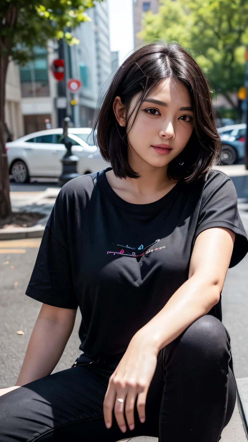 a teenage girl with short tousled black hair, wearing loose black pants and a loose black rocker shirt, sitting in a dirty park, smiling, dramatic desert panorama, detailed face and eyes, (best quality,4k,8k,highres,masterpiece:1.2),ultra-detailed,(realistic,photorealistic,photo-realistic:1.37),HDR,UHD,studio lighting,ultra-fine painting,sharp focus,physically-based rendering,extreme detail description,professional,vivid colors,bokeh,concept art
