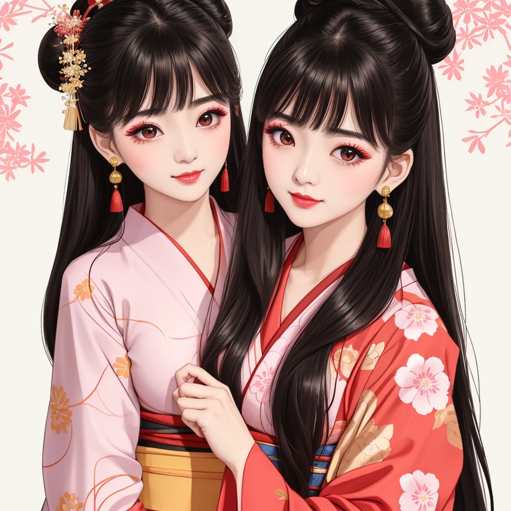 Each has a different expression２People and sisters、(２ girls）、｟Dancing traditional arts with grace)、((Big Breasts、Small Face、Not ))、Highest quality、masterpiece、（Black Hair、Bun Hair）、Brown Eyes、｟Wide angle、Angle from above the waist、雑誌の表紙のPause、Their gazes are different, gazing into the distance｠、(８K High Quality、masterpiece、High resolution、Realistic and beautiful light and shadow、(Highest quality)、(High Resolution)、(Very delicate and beautiful)、(Beautiful 8k face)、(With a smile、Beautiful eyes)、(Clear skin)、(Soft hair)、(８Head to Body)、(A Japanese-style yukata kimono with red, pink, orange and blue floral patterns on a white background, interspersed with gold powder、Wearing a yukata２Beautiful Japanese girls)、((Tanabata decoration background))、((Small Face))、(arms up)、Thin and small nose、（Red lipstick）、（Make your cheeks red）、（Glossy skin）、((Ink painting style))、Very thin eyebrows、Overall ultra-high image quality、（She is wearing maiko-style makeup.）、Whitening、Long and beautiful eyelashes、Glowing Skin、（Red cheeks）,Straight nose、masterpiece、Highest quality、whole body、 Eyebrows visible through hair、Bun Hair、Grin、Gal、コGal、Viewer's Eyes、Plaid、Stylish、woman、fine、Pause、
Waiting to start 
