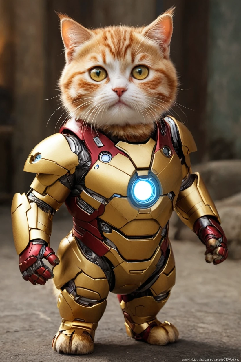 small, There are no humans in this world、The world of anthropomorphized cats、Wearing an Iron Man suit、かわいいbornき物全身, Costumes,、 Fantasy art, Exquisite detail, An anthropomorphic, fat, furry tabby kitten with yellow eyes, Movie Scenes, Dramatic shot angles, , Realistic, born々Amazing cinematic photorealism, Action Portrait, 8K, detailed, Full Frame