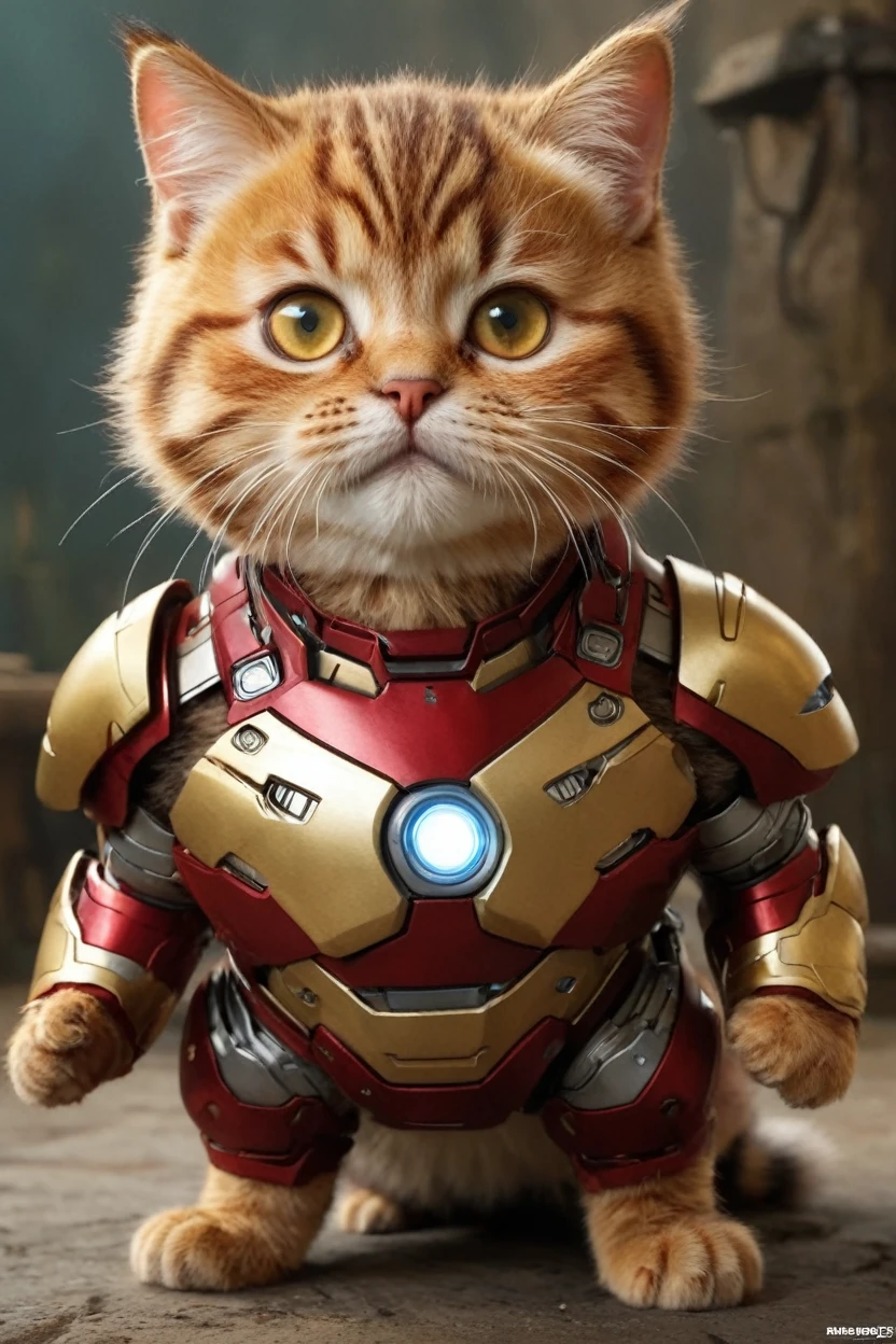 small, There are no humans in this world、The world of anthropomorphized cats、Wearing an Iron Man suit、かわいいbornき物全身, Costumes,、 Fantasy art, Exquisite detail, An anthropomorphic, fat, furry tabby kitten with yellow eyes, Movie Scenes, Dramatic shot angles, , Realistic, born々Amazing cinematic photorealism, Action Portrait, 8K, detailed, Full Frame