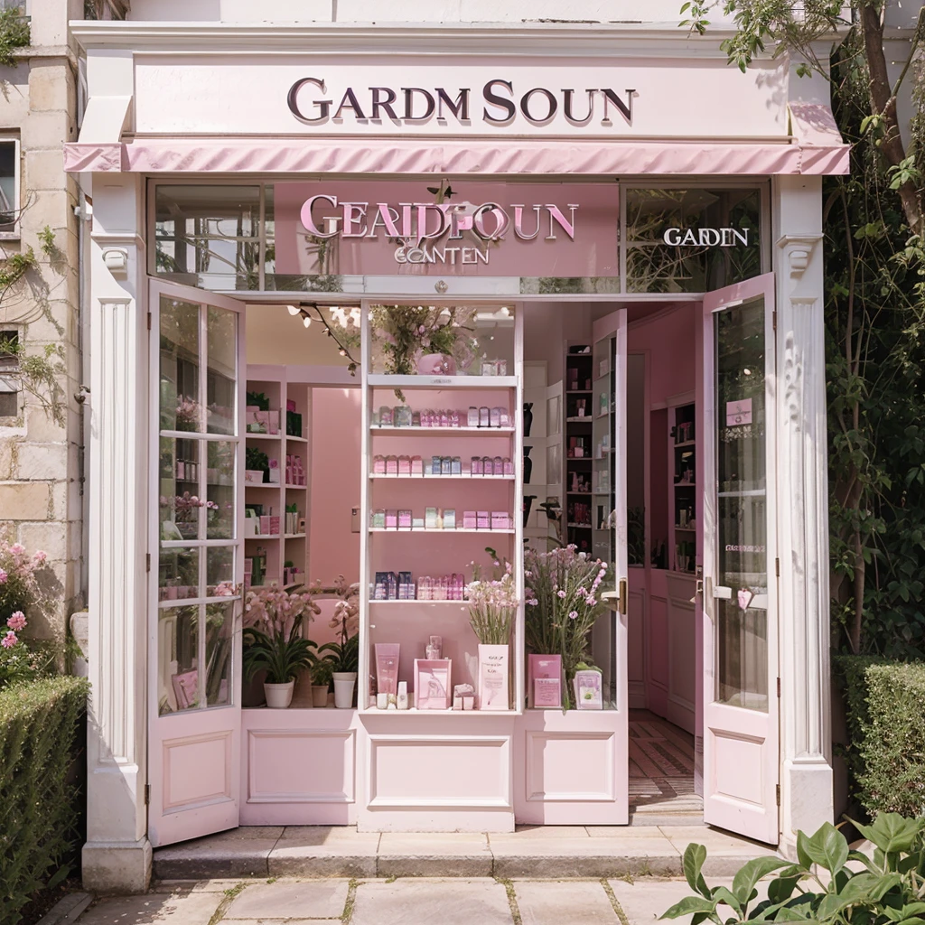 A perfume and cosmetics store called beautiful Garden, with white and pink color
