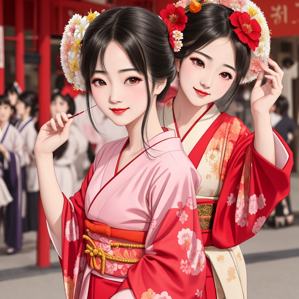 7 sisters, 7 girls with different faces and expressions, dancing gracefully, small faces, top quality, masterpieces, black hair, bun hair, wide angle, diagonally above the waist, magazine cover pose, 8K high resolution, Masterpiece, high resolution, realistic and beautiful light and shadow, top quality, high resolution, very delicate and beautiful, beautiful 8K face, smile and smile. Seven beautiful Japanese girls with eyes, transparent skin, soft hair, eight heads, Japanese style kimonos with red, pink and orange floral patterns on a white background, yukatas, small faces, thin and small noses, red lipstick , glossy skin, very thin eyebrows, overall super high resolution, Maiko-style makeup, fair skin, long and beautiful eyelashes, glossy skin, red cheeks, holding a flower hat prop in one hand, dance, Kasa Odori, Kasanihi Odori, Japan Dance, festival, movie poster style