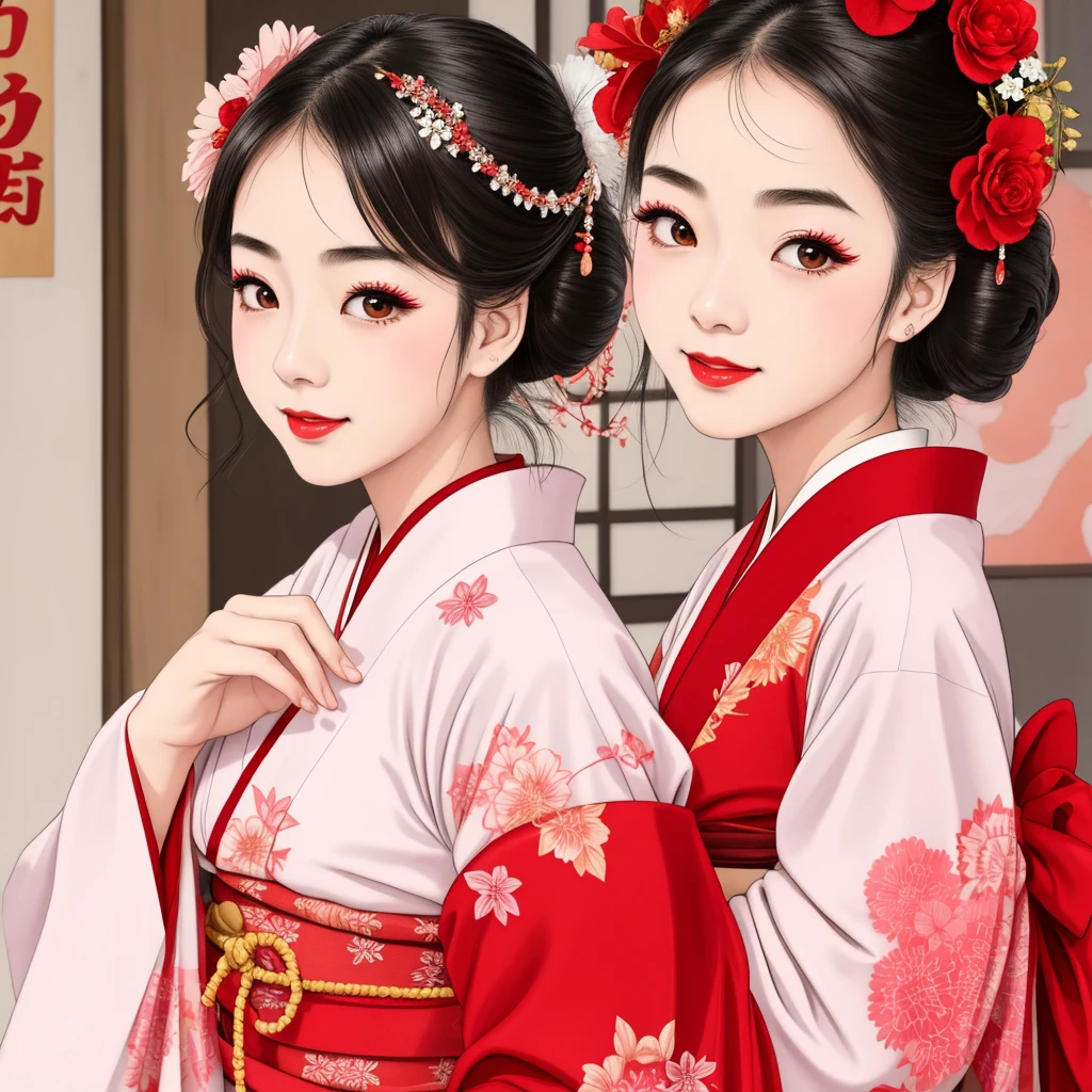 7 sisters, 7 girls with different faces and expressions, dancing gracefully, small faces, top quality, masterpieces, black hair, bun hair, wide angle, diagonally above the waist, magazine cover pose, 8K high resolution, Masterpiece, high resolution, realistic and beautiful light and shadow, top quality, high resolution, very delicate and beautiful, beautiful 8K face, smile and smile. Seven beautiful Japanese girls with eyes, transparent skin, soft hair, eight heads, Japanese style kimonos with red, pink and orange floral patterns on a white background, yukatas, small faces, thin and small noses, red lipstick , glossy skin, very thin eyebrows, overall super high resolution, Maiko-style makeup, fair skin, long and beautiful eyelashes, glossy skin, red cheeks, holding a flower hat prop in one hand, dance, Kasa Odori, Kasanihi Odori, Japan Dance, festival, movie poster style