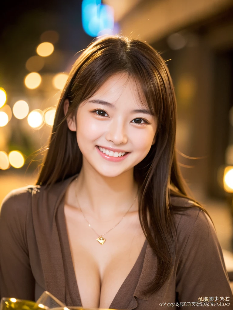 A very cute face like a 15-year-old idol　Smiling Kindly　((whole body))　Medium Bust　Cleavage　Stylish evening wine bar　Cinema lighting　Natural light　Artistic　RAW Photos　Genuine　High quality that is indistinguishable from real life　Real Stick　High resolution