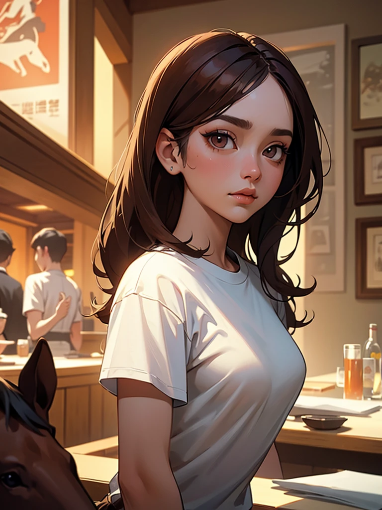 Masterpiece, sharp eyes, Brown hair, douyin makeup, tight white t-shirt, restrained horse, locks on the face, restaurant, high quality, perfect definition, detailed shadows, perfect lighting
