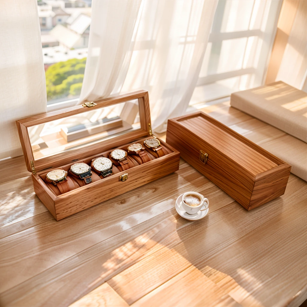 In this cozy room,A ray of sunlight shone through the half-drawn curtains on the table,Let the wood grain on the watch storage box shine with a faint luster。There was a calm and peaceful atmosphere in the air around them。There are several still lifes hanging on the walls of the room,It adds a touch of elegance to the space。And on the other side of the room,The half-open window lets in the breeze,The pages on the small desk by the window turned in the wind,This quiet scene gives a sense of tranquility and comfort。