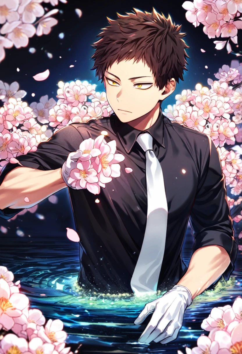 absurdres, highres, ultra detailed, HDR, master piece, Overhaul, Chisaki Kai, dark brown hair, short hair, short bangs, black shirt, expressive yellow eyes, white necktie, white gloves, Boku No Hero Academia, sexy man, handsome, best quality, blossoms, pink petals, pink flowers, water, fantasy, magical, blue shining fireflies, solo, toned chest,